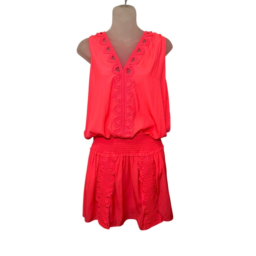 Ramy Brook Matilda Neon Coral Embroidered Mini Dress Smocked Size L